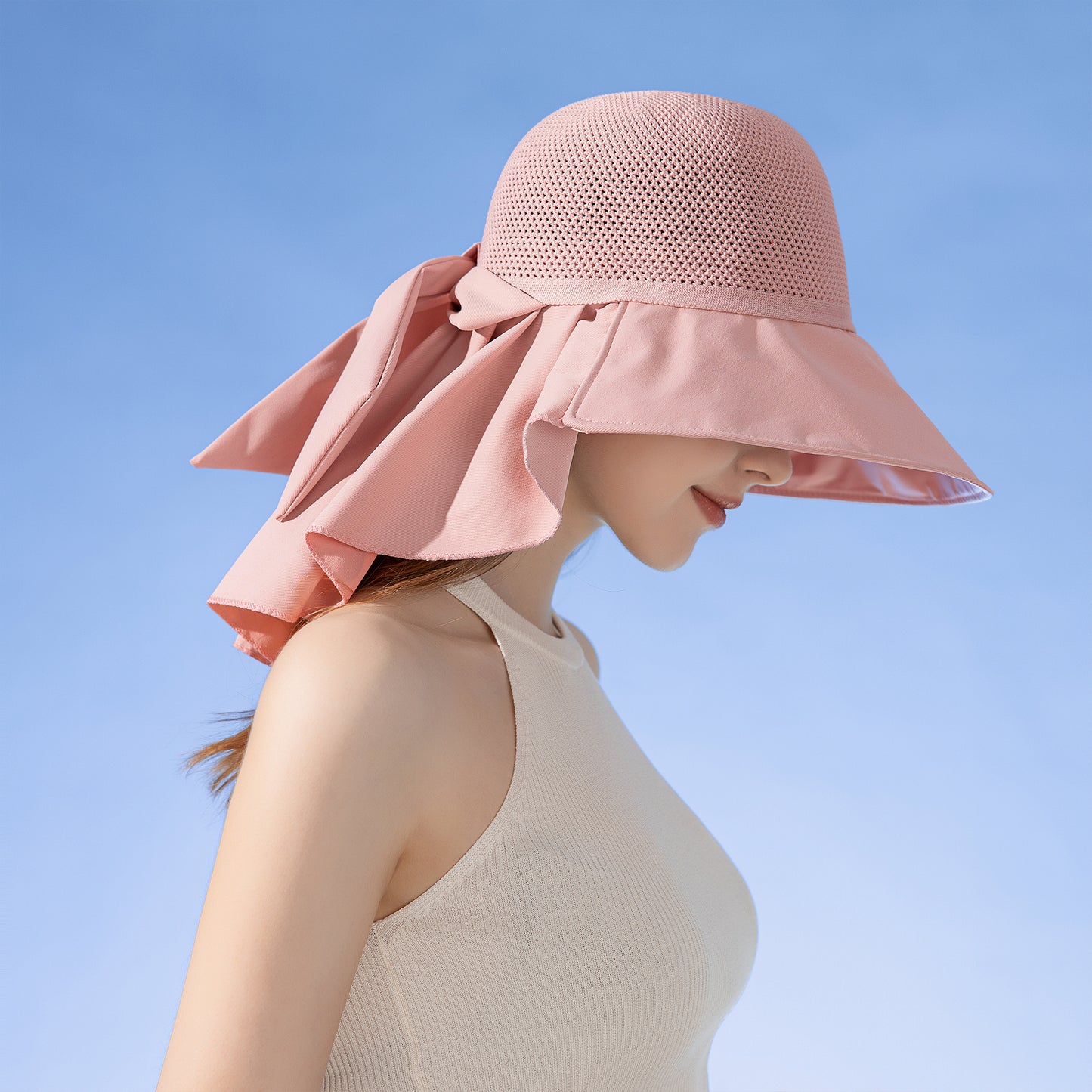 Womens Mesh Panel Wide Brim Sun Hat with Back Flap UV Protection and Tie Detail for Outdoor Activities