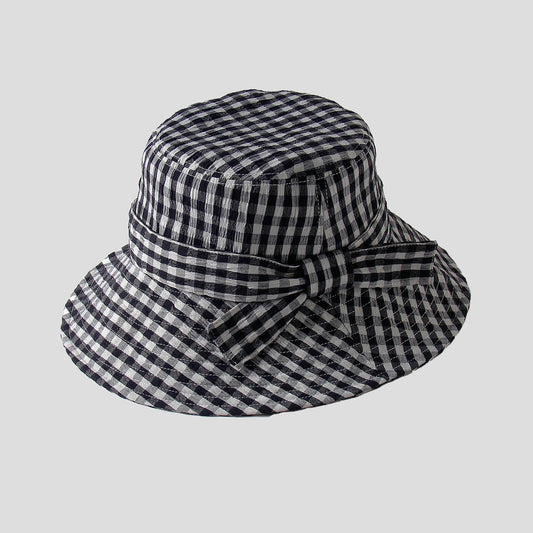Women's Gingham Wide - Brim Sun Hat with Bow Chin Strap