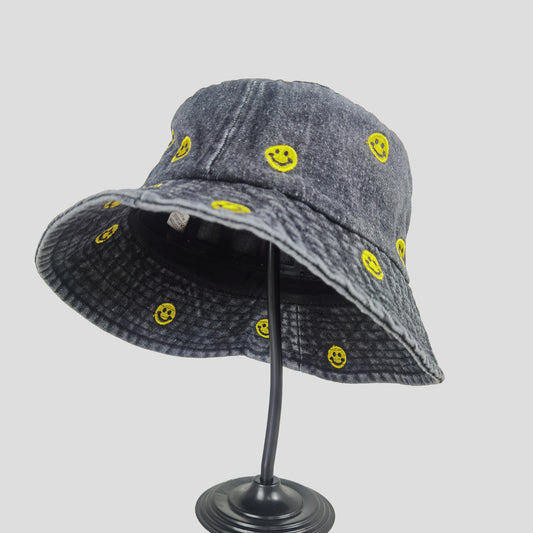 Women's Denim Bucket Hat Foldable with Smiley Face Embroidery