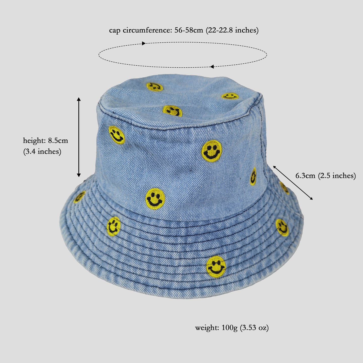 Women's Denim Bucket Hat Foldable with Smiley Face Embroidery