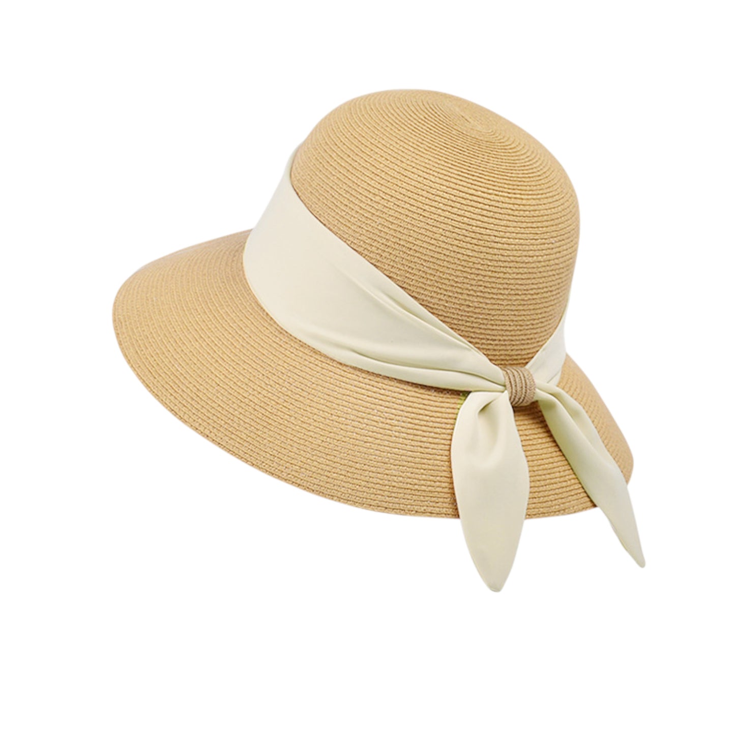 Women's Woven Floppy Sun Hat with Wide Ribbon Knot Detail and Curved Brim