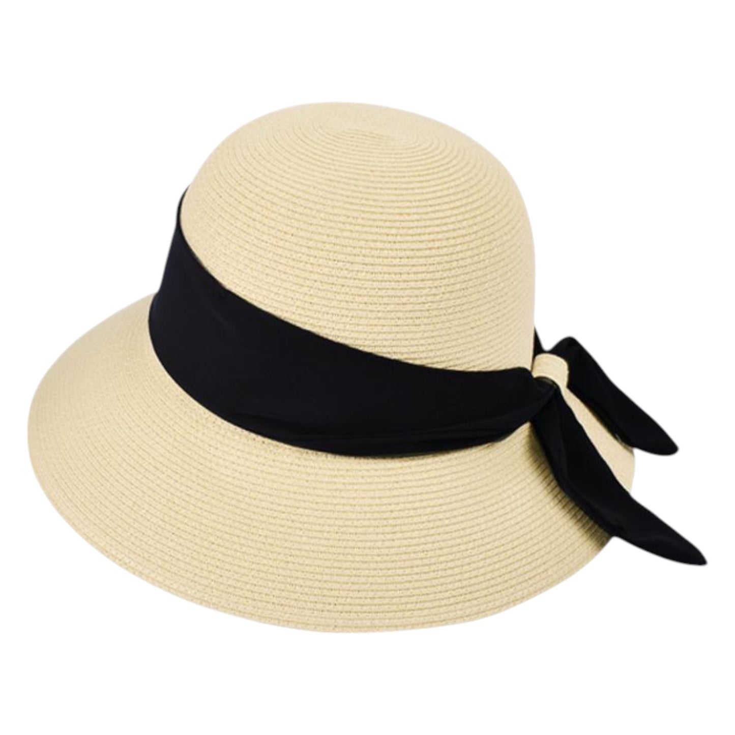 Women's Woven Floppy Sun Hat with Wide Ribbon Knot Detail and Curved Brim