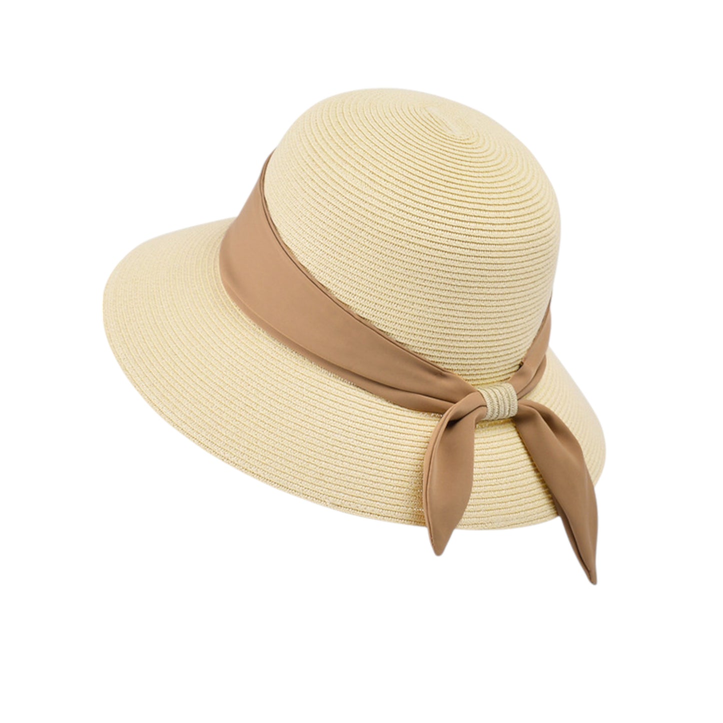 Women's Woven Floppy Sun Hat with Wide Ribbon Knot Detail and Curved Brim