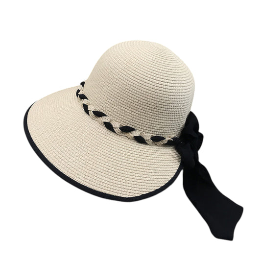 Women's Wide Brim Straw Hat with Braided Band and Contrast Bow Detail