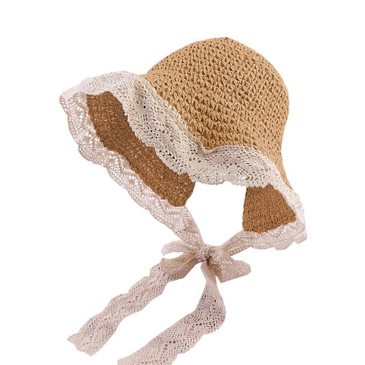 Women's Crochet Straw Hat with Lace Trim and Bow Detail