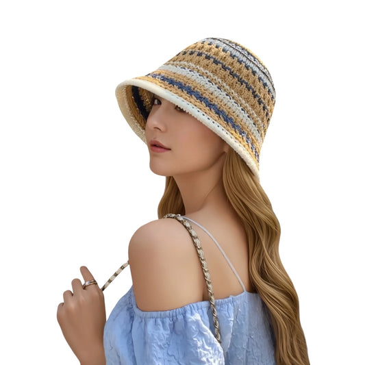 Women's Multicolor Striped Crochet Bucket Hat Lightweight Summer Accessory