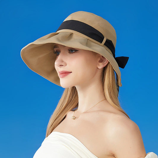 Women's Wide Brim Floppy Sun Hat with Contrast Bow Band and Structured Crown