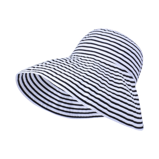 Women's Wide Brim Bucket Hat with Black and White Stripe Pattern and Sun Protection Design