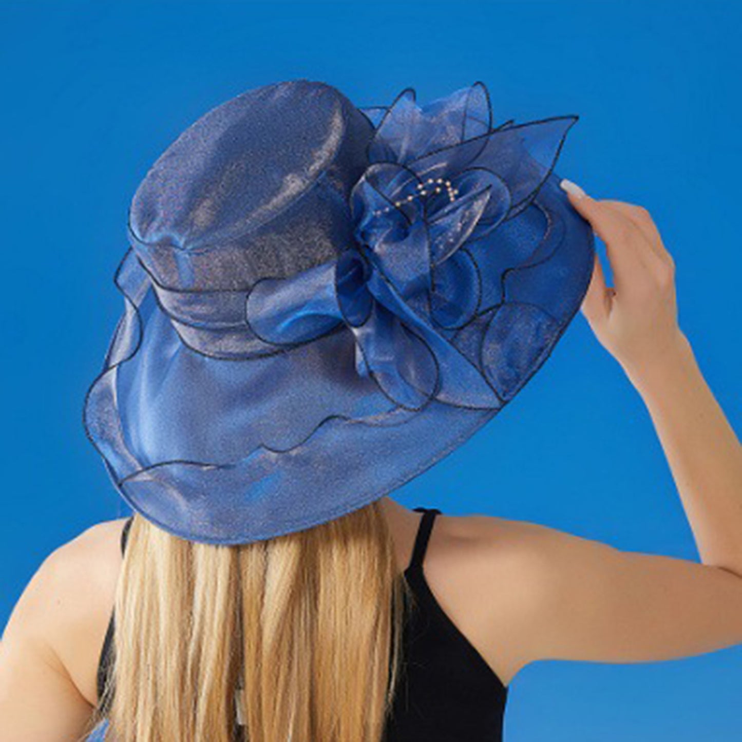 Wide Brim Organza Dress Hat with Sheer Ribbon Floral Design for Formal Events and Sun Protection