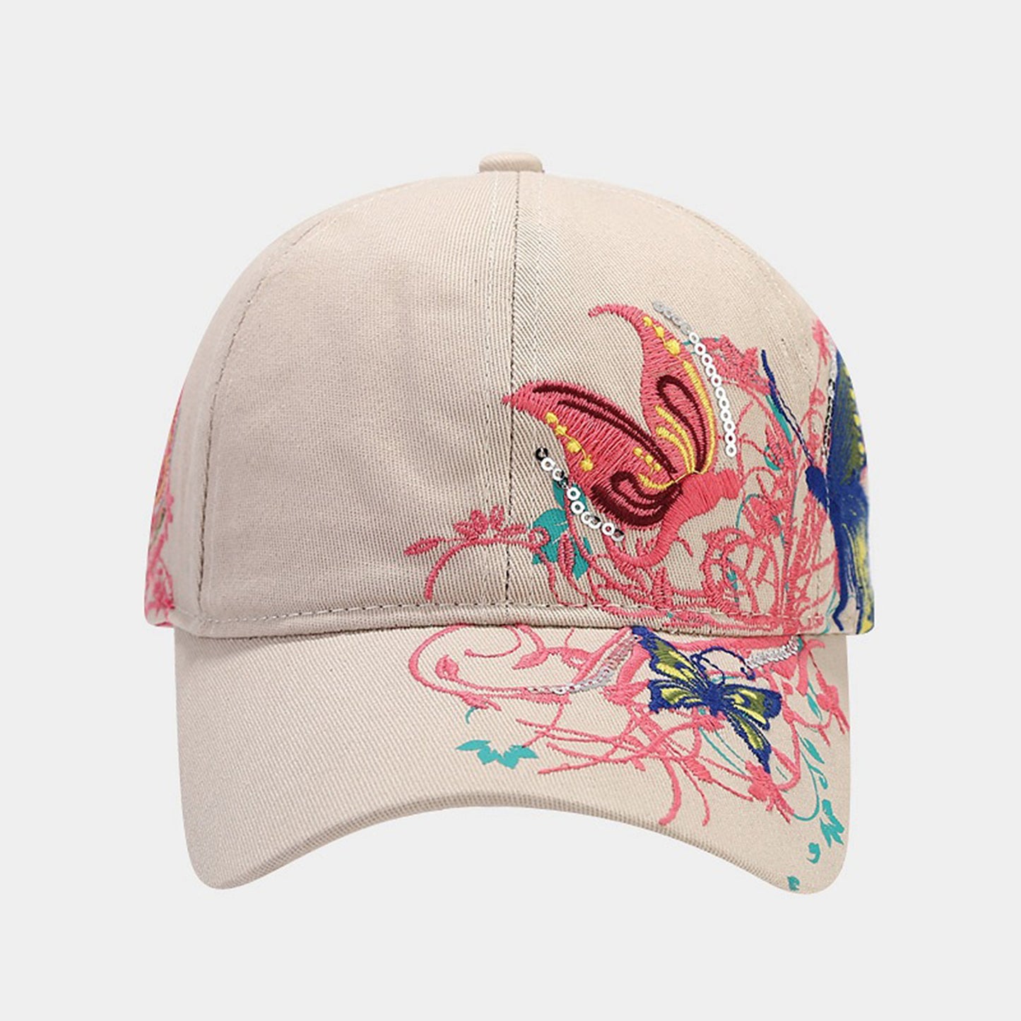 Embroidered Butterfly Baseball Cap with Floral Sequin Accents and Curved Brim for Artistic Casual Style