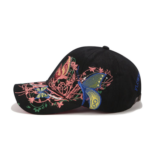 Embroidered Butterfly Baseball Cap with Floral Sequin Accents and Curved Brim for Artistic Casual Style