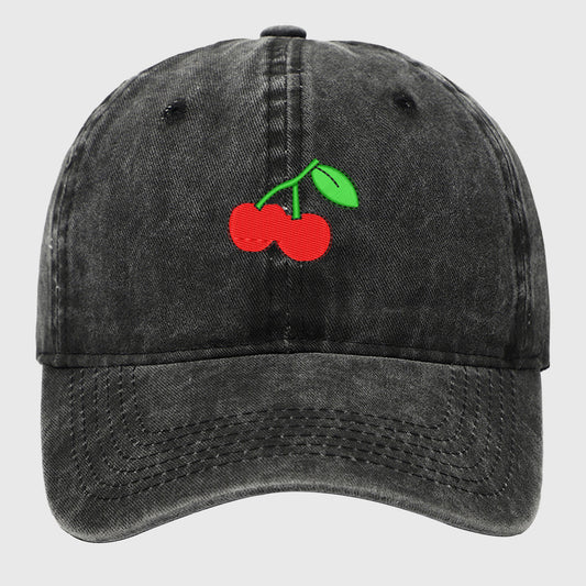 Vintage Washed Denim Baseball Cap with Cherry Embroidery