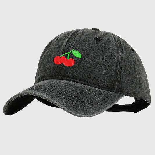 Vintage Washed Denim Baseball Cap with Cherry Embroidery