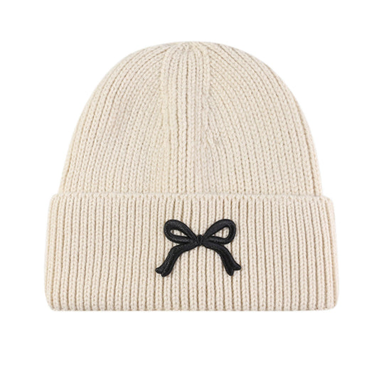 Ribbed Knit Beanie Hat with Folded Cuff and Embroidered Bow Detail