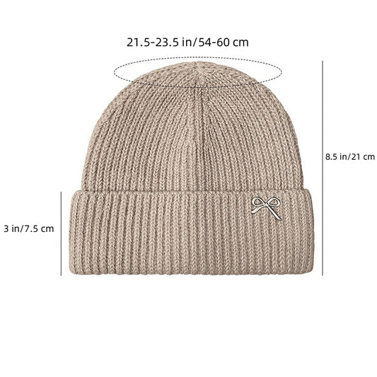 Ribbed Knit Beanie Hat with Folded Cuff and Metal Bow Accent