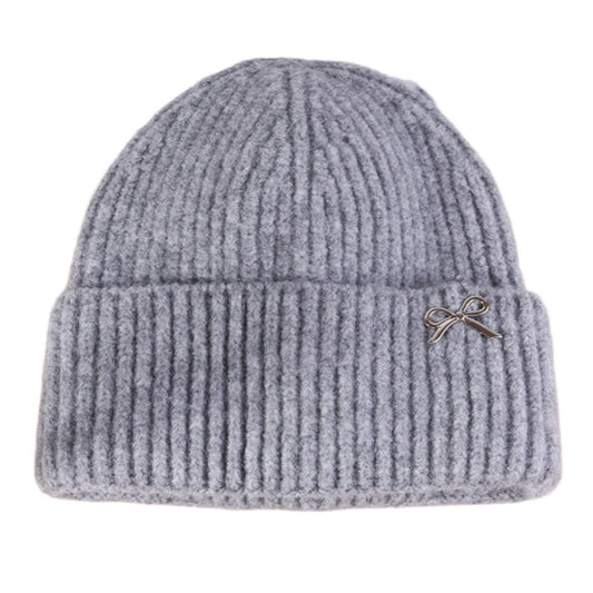 Ribbed Knit Beanie Hat with Folded Cuff and Metal Bow Accent