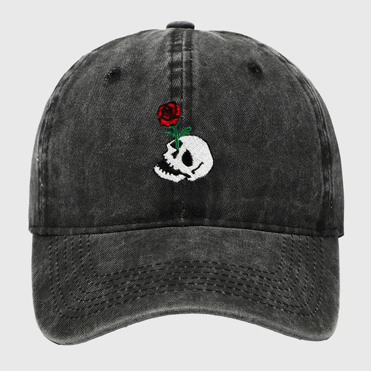 Vintage Washed Baseball Cap with Skull and Rose Embroidery