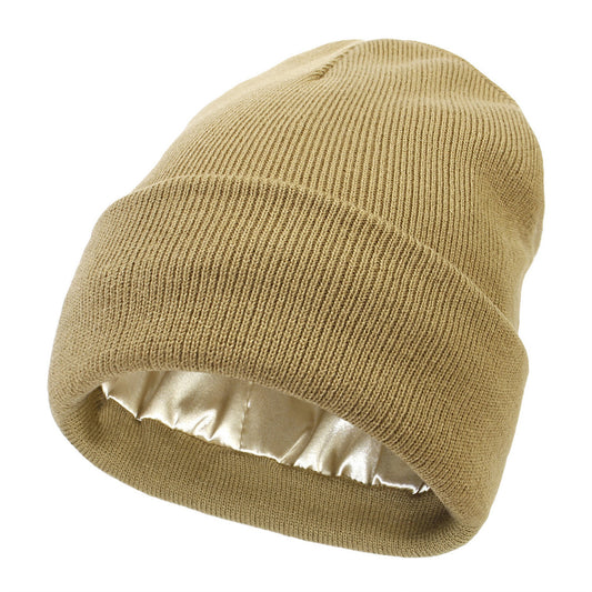 Satin Lined Knit Beanie Hat with Folded Cuff for Hair Protection