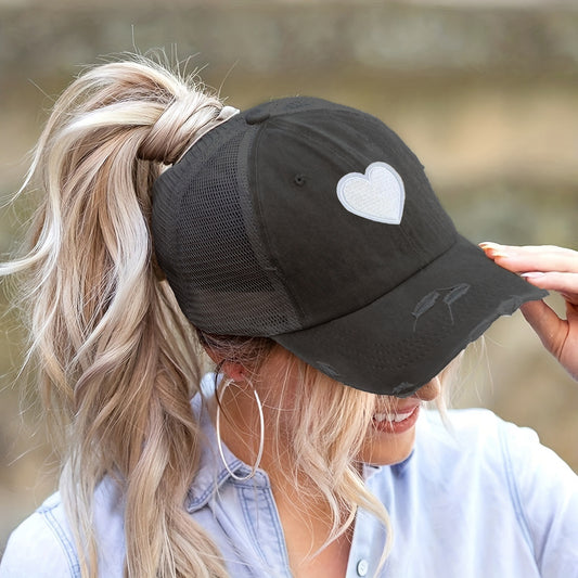 Distressed Trucker Hat with White Heart Patch