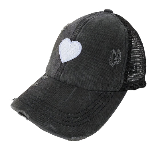 Distressed Trucker Hat with White Heart Patch