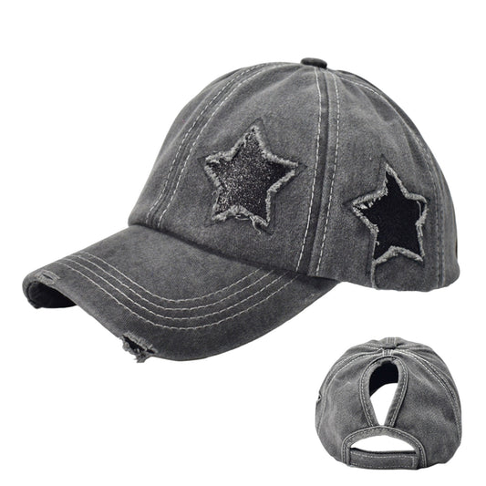 Distressed Baseball Cap with Glitter Star Patches