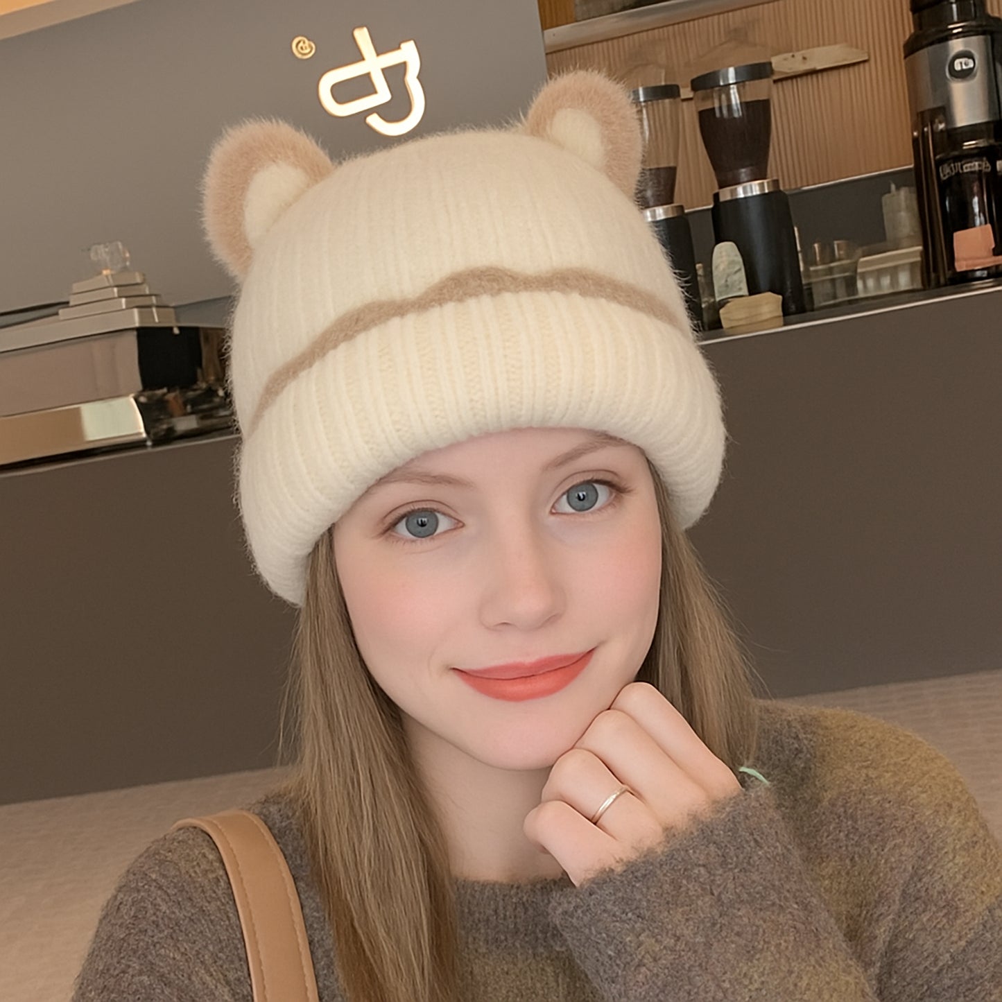 Knit Beanie Hat with Adorable Bear Ears and Soft Ribbed Texture