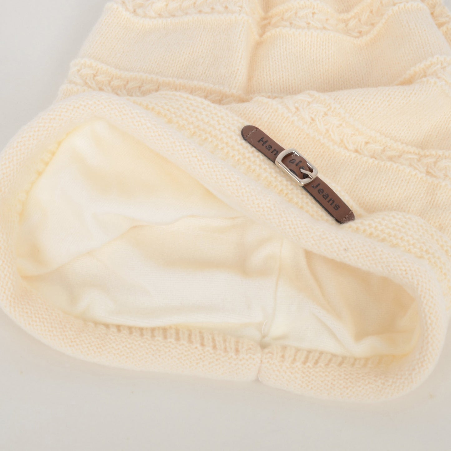 Knit Beanie Hat with Faux Leather Buckle Detail and Folded Edge