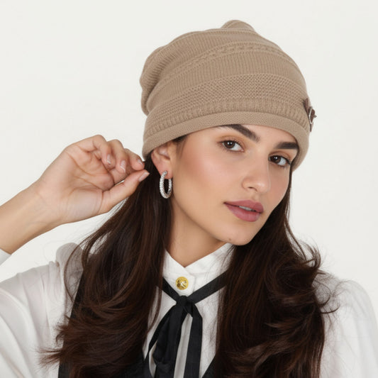 Knit Beanie Hat with Faux Leather Buckle Detail and Folded Edge