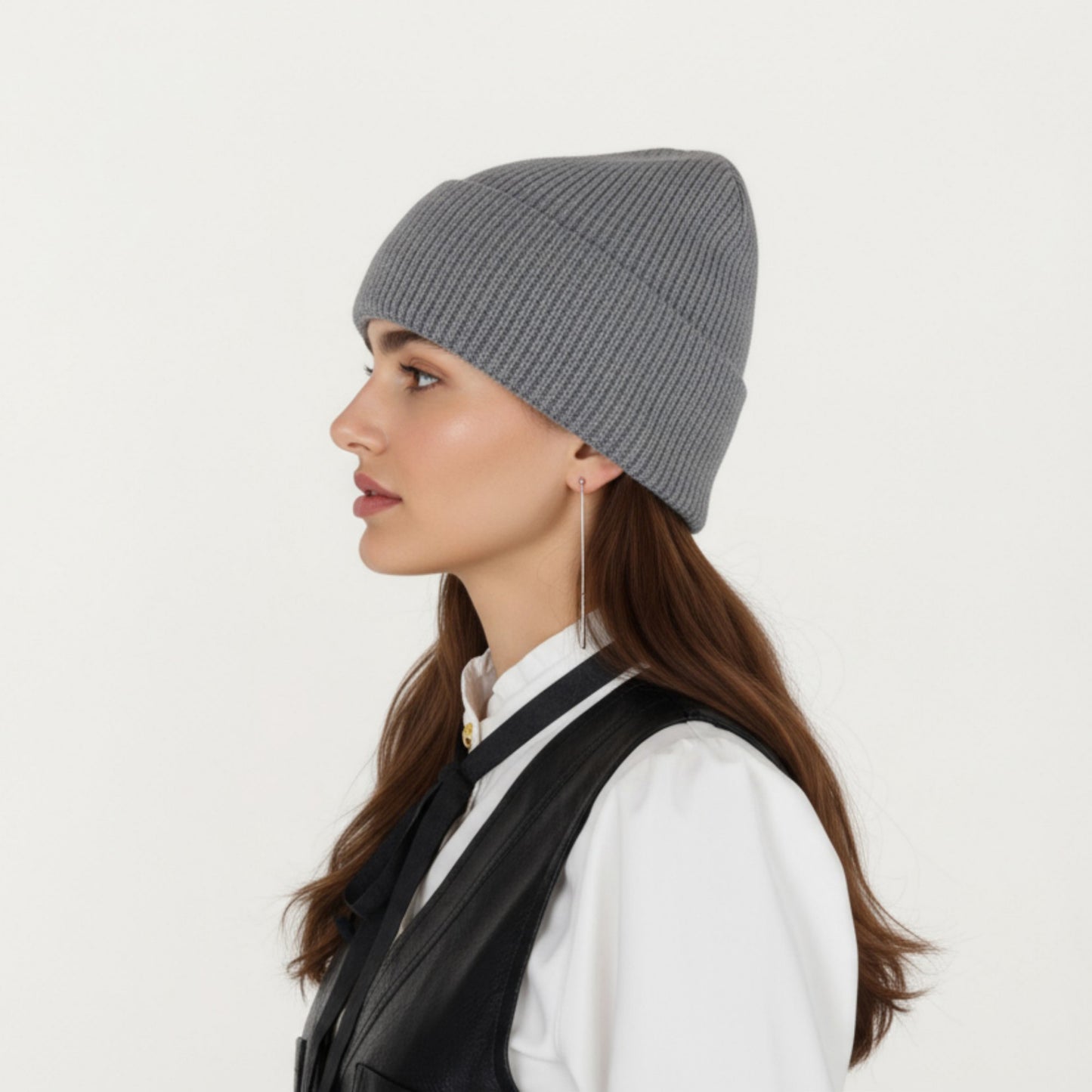 Rib Knit Beanie Hat with Folded Cuff and Stretchy Fit