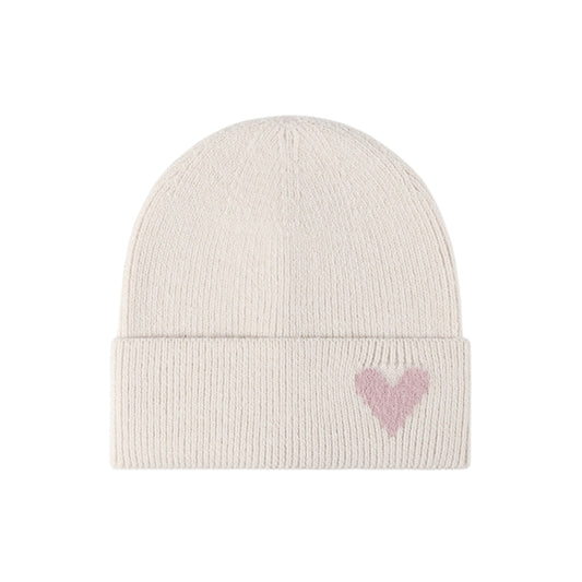 Knit Beanie Hat with Embroidered Heart Detail and Folded Cuff