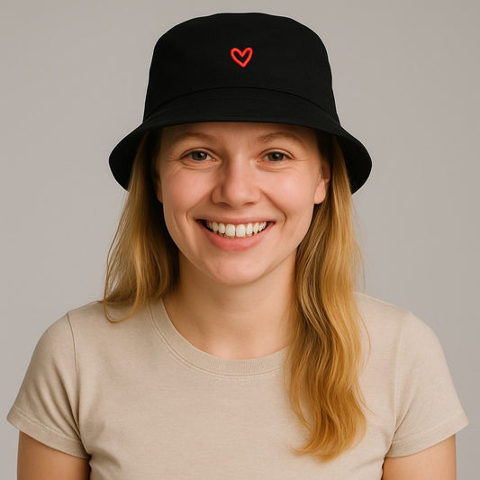 Cotton Bucket Hat with Red Heart Embroidery and Wide Brim