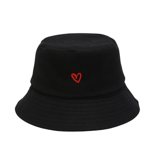 Cotton Bucket Hat with Red Heart Embroidery and Wide Brim