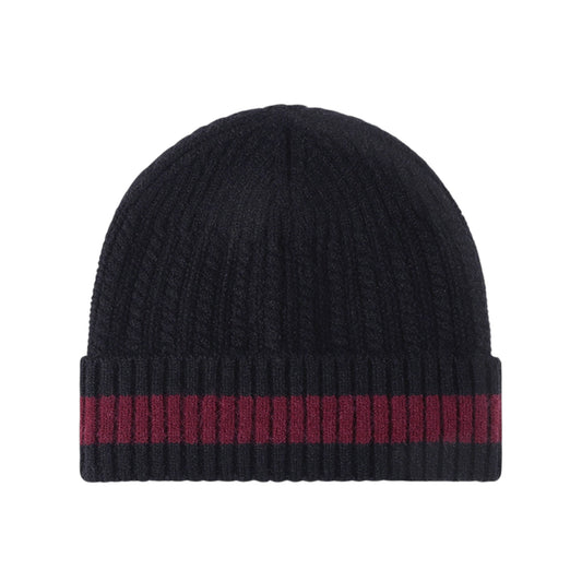 Unisex Rib Knit Beanie with Folded Cuff and Contrast Stripe Detail