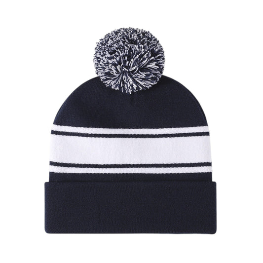Winter Knit Beanie with Pom and Stripe Design Warm Stretchy Hat for Cold Weather