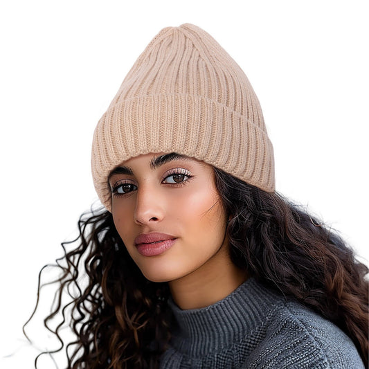 Ribbed Knit Beanie Hat with Satin Lining and Folded Cuff
