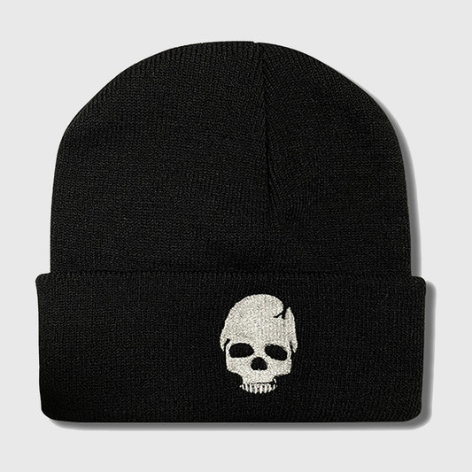 Knitted Beanie with Skull Embroidery Warm Winter Hat for Gothic, Punk & Casual Styles