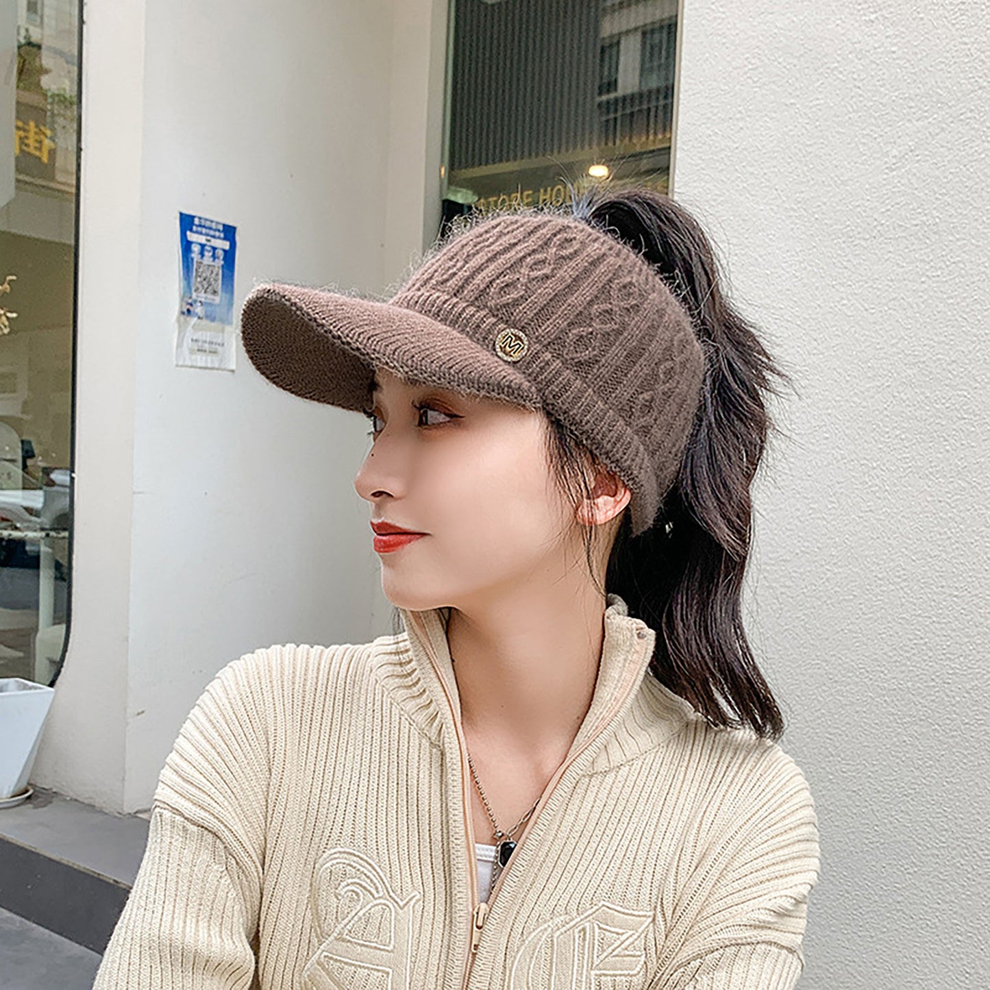Plush Knit Ponytail Visor Hat with Soft Textured Cable Pattern and Curved Brim Design for Comfortable Everyday Cold-Weather Wear