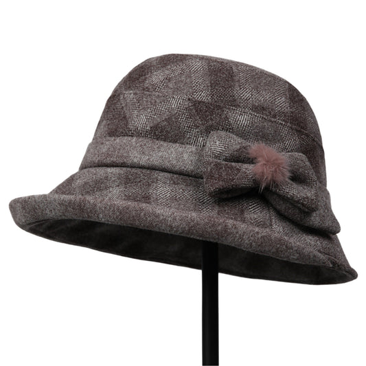 Womens Warm Plaid Roll Brim Bucket Hat with Decorative Side Bow