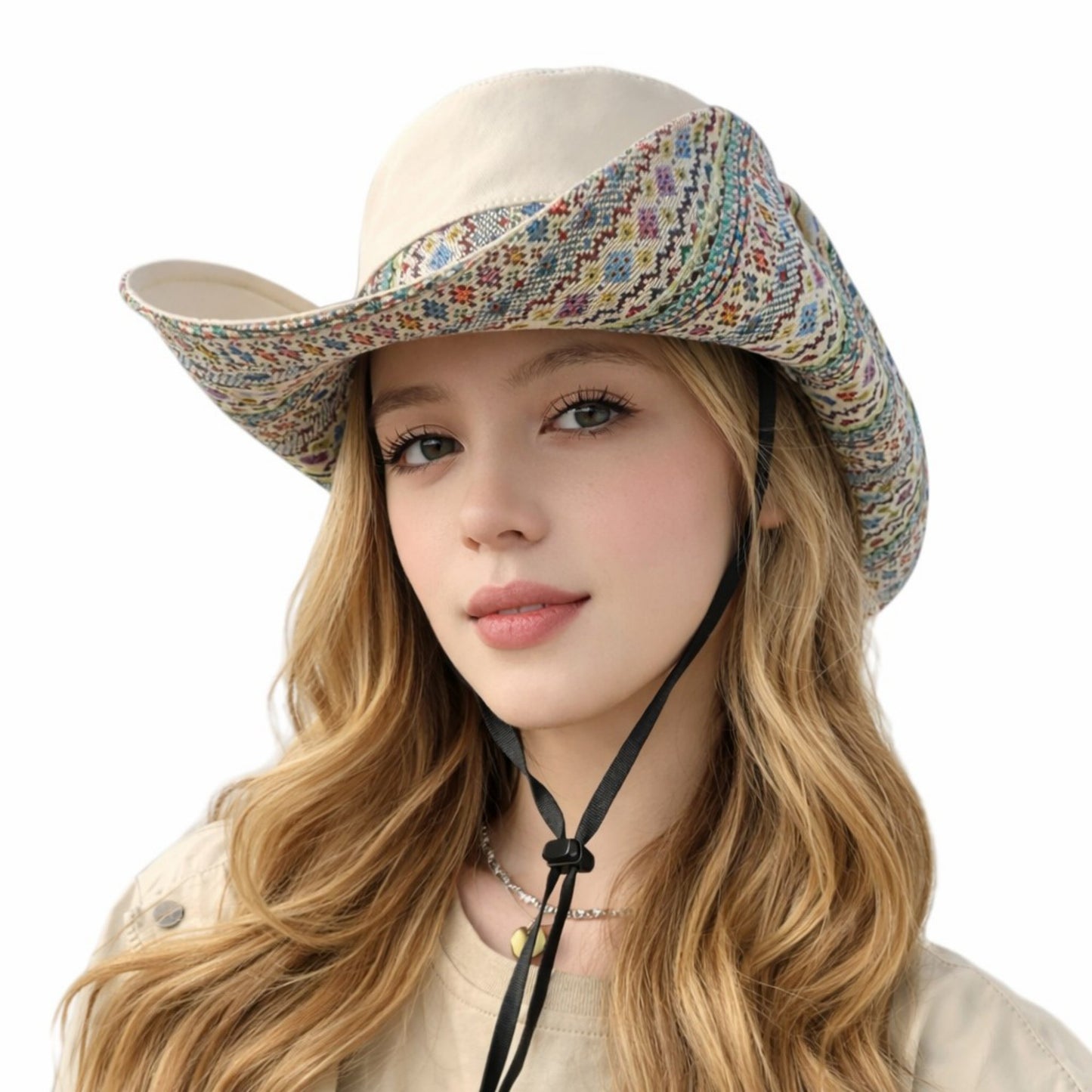 Wide Brim Sun Hat with Adjustable Chin Strap Decorative Band Casual Headwear