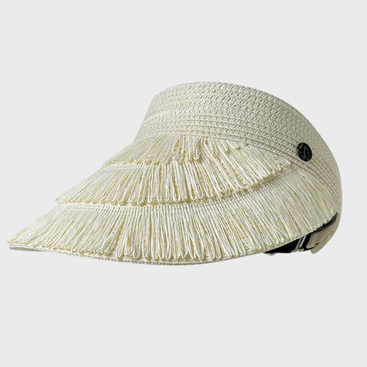 Wide Brim Straw Fringe Sun Visor with Adjustable Elastic Back