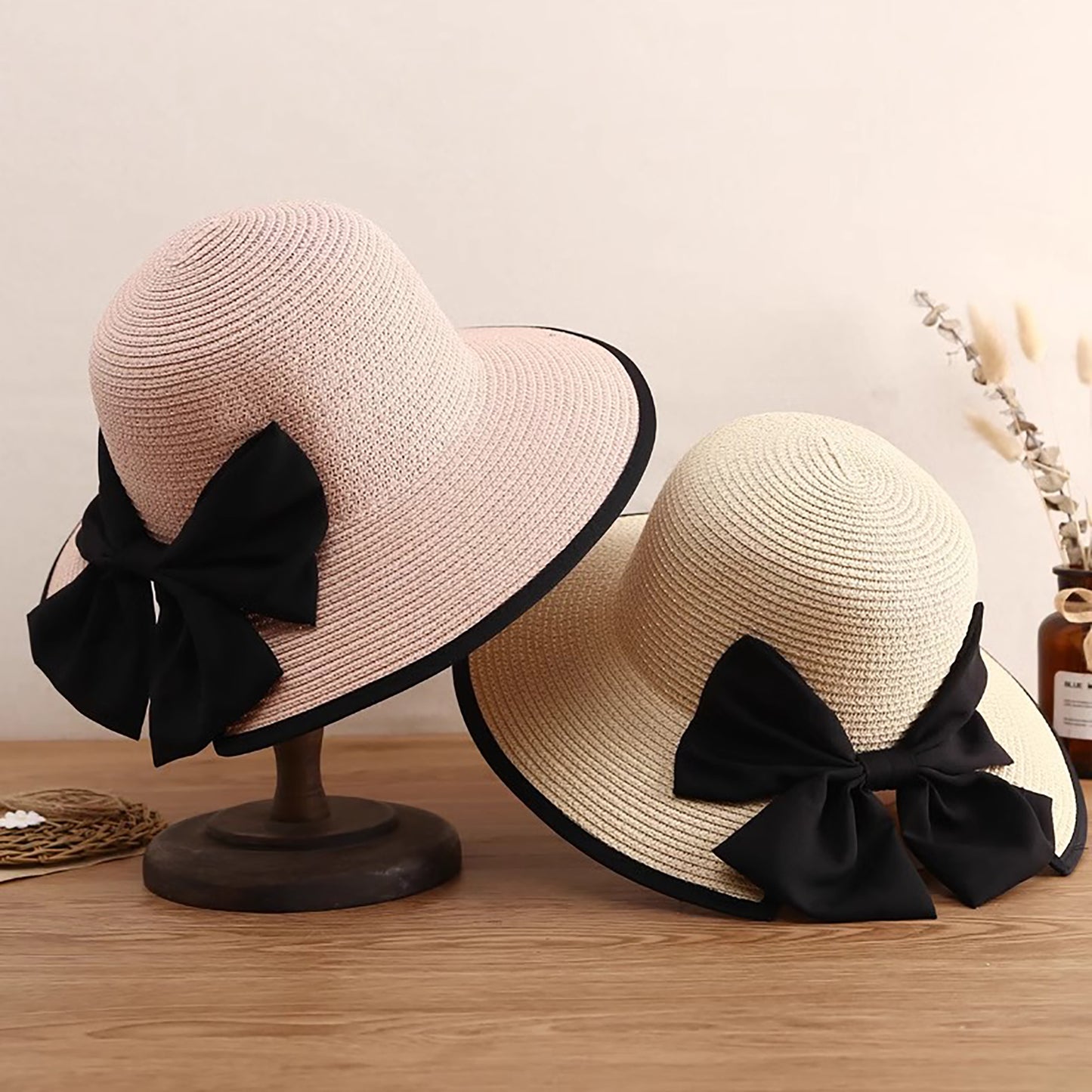 Wide Brim Straw Sun Hat with Bow Detail Summer Protection