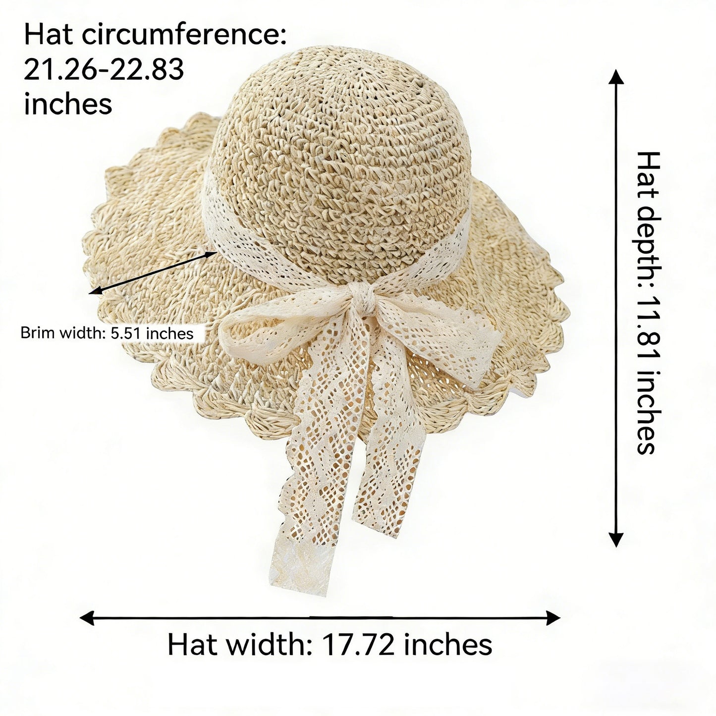 Wide Brim Crochet Straw Sun Hat with Lace Bow Adjustable Fit
