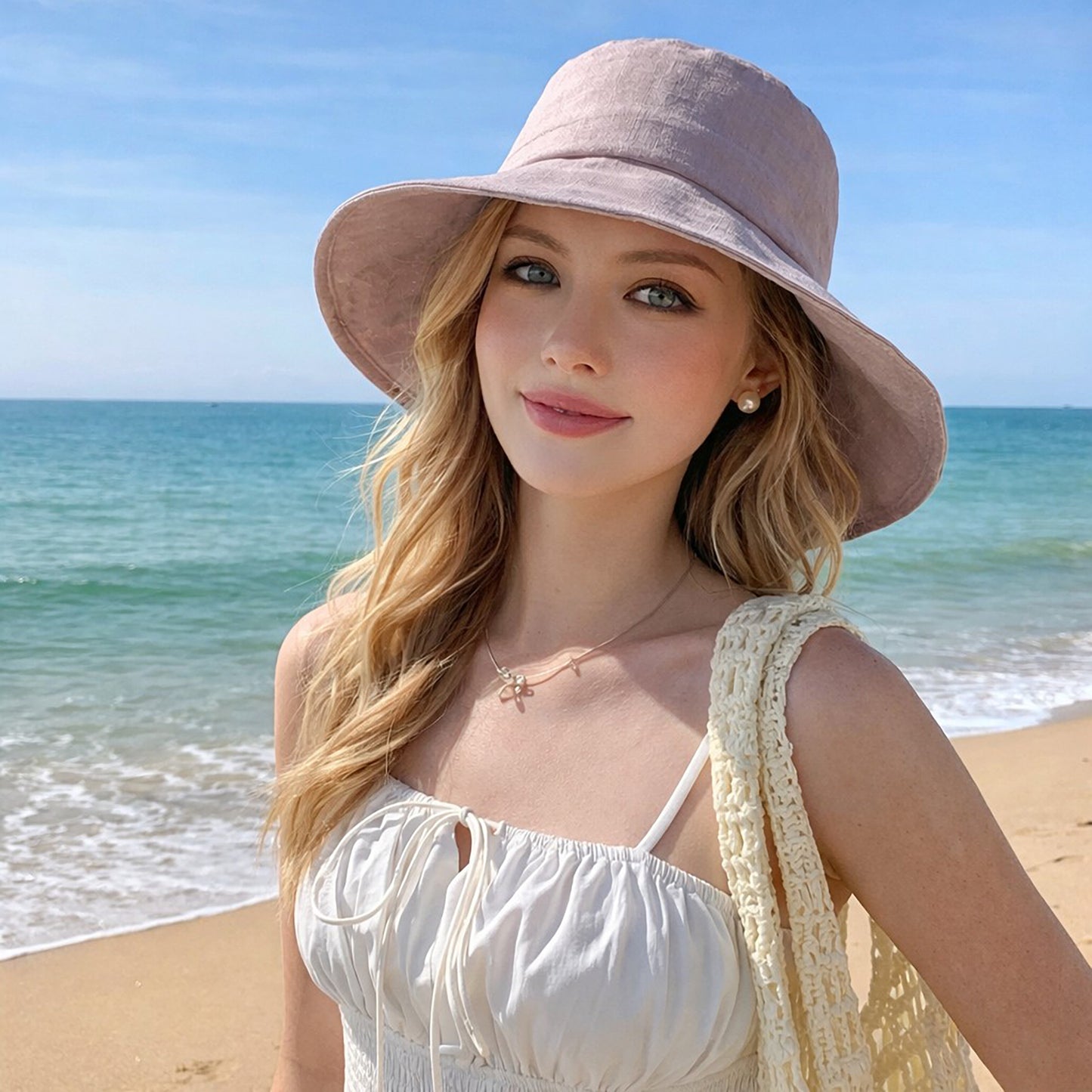 Wide Brim Sun Hat with Back Bow Adjustable Cotton Bucket Hat Summer Beach Sun Hat