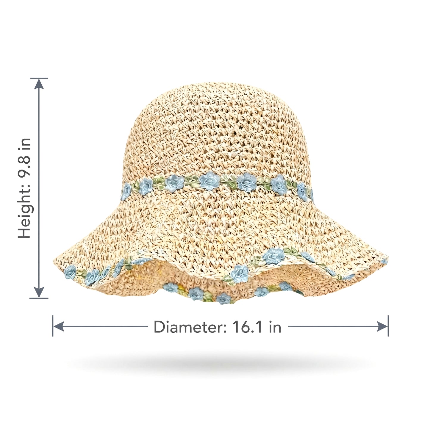 Straw Sun Hat Wide Brim Floppy Beach Hat with Floral Trim Foldable Summer UV Protection