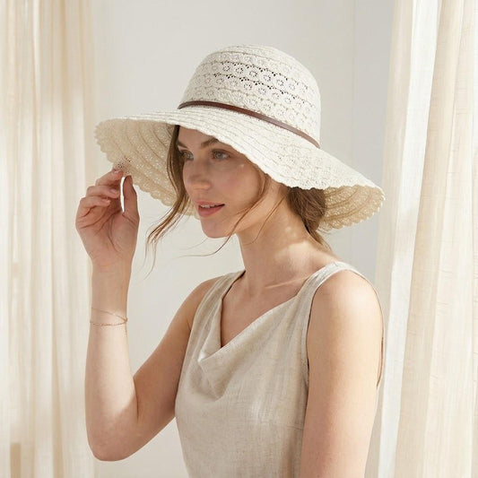 Wide Brim Crochet Sun Hat Lightweight Breathable Straw Hat with Chin Strap