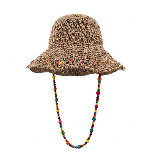 Crochet Bucket Hat with Colorful Beaded Chin Strap Lightweight Summer Sun Hat