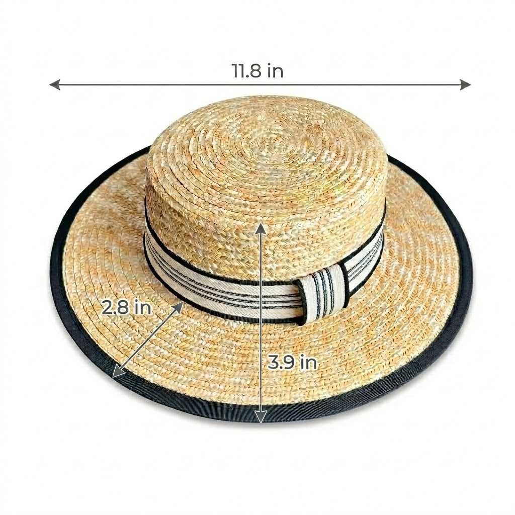 Straw Boater Hat Wide Brim Summer Sun Hat with Striped Band Trim