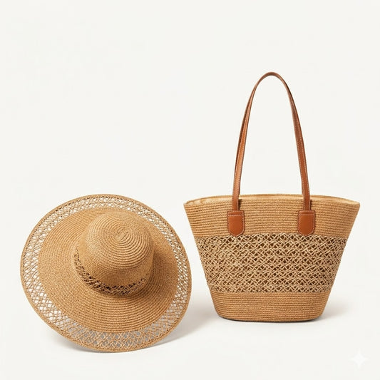 Straw Sun Hat & Tote Bag Set, Wide Brim Beach Hat with Woven Summer Handbag