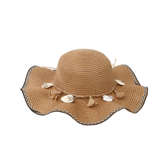 Wide Brim Straw Sun Hat Wavy Edge Shell Trim Beach Hat Adjustable Inner Band Packable Hat