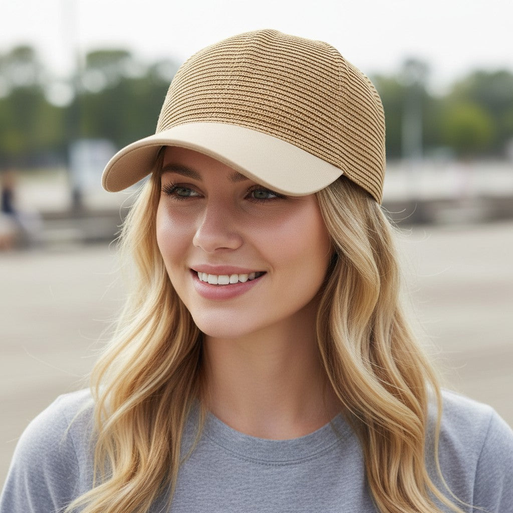 Women Straw Baseball Cap Woven Crown Fabric Brim Lightweight Breathable Summer Hat